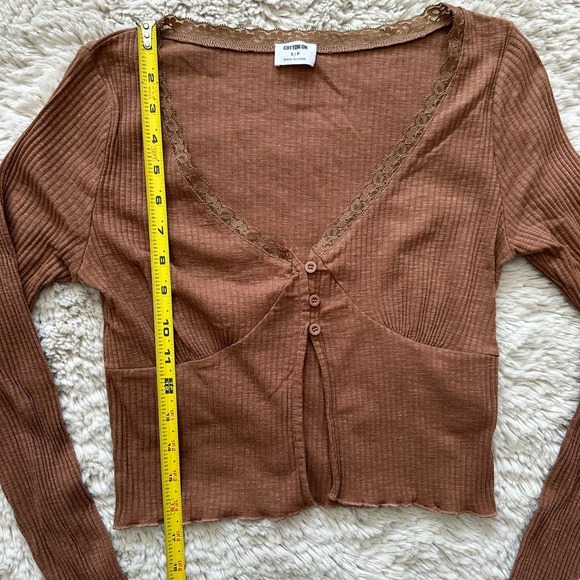 Cotton On Brown Long Sleeve Crop Top With Lace Trim Lining Women's Size Small - Picture 6 of 9